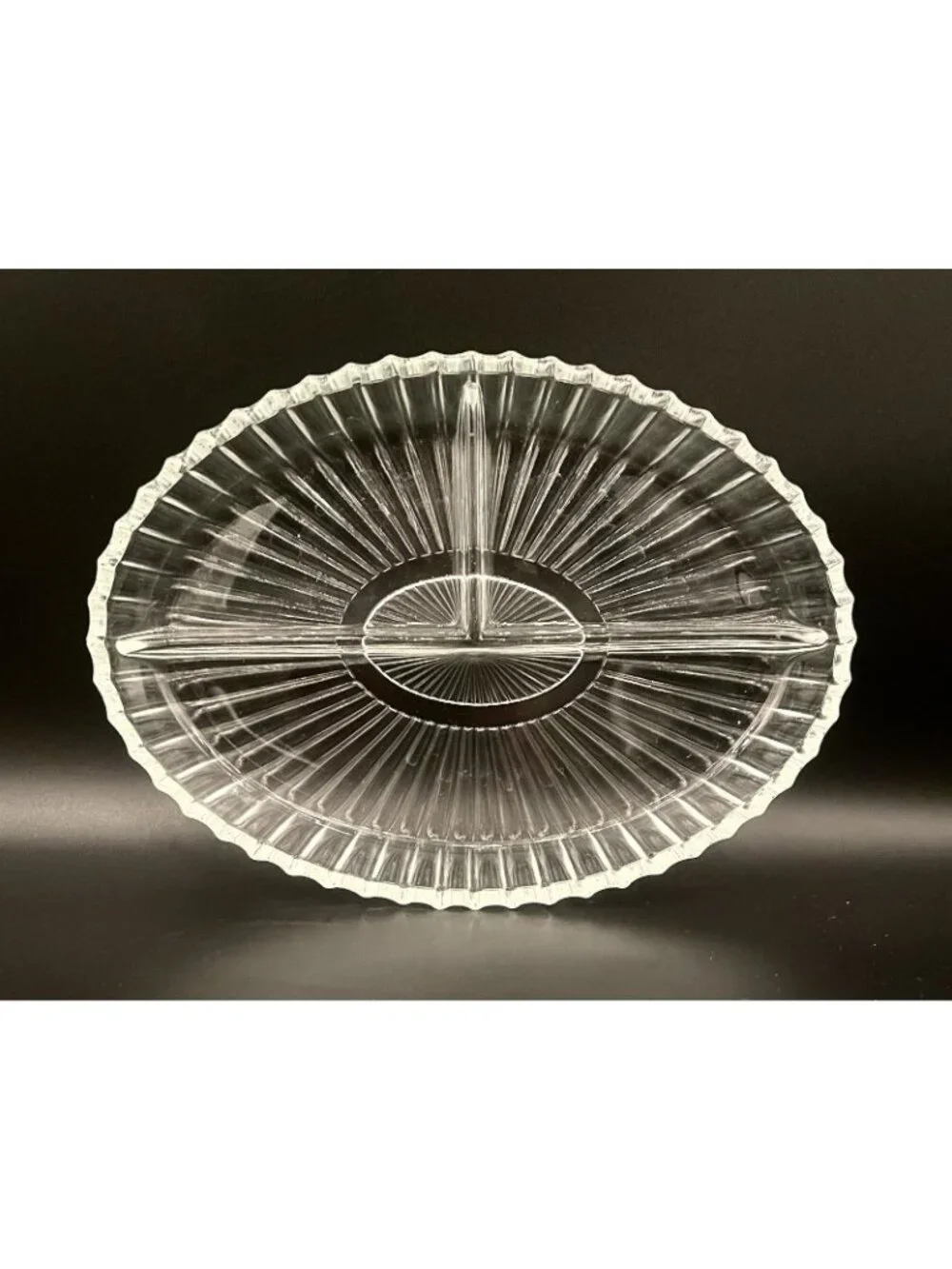 Retro Starburst Pressed Glass Divided Relish Dish 8.5” Scalloped Edge Ribbed